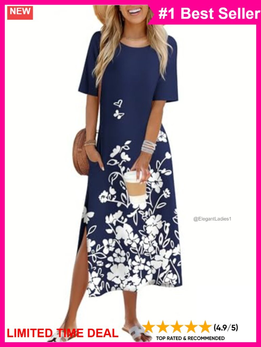 Women's Maxi Dress Short Sleeve Split Hem Pockets Casual Sundress